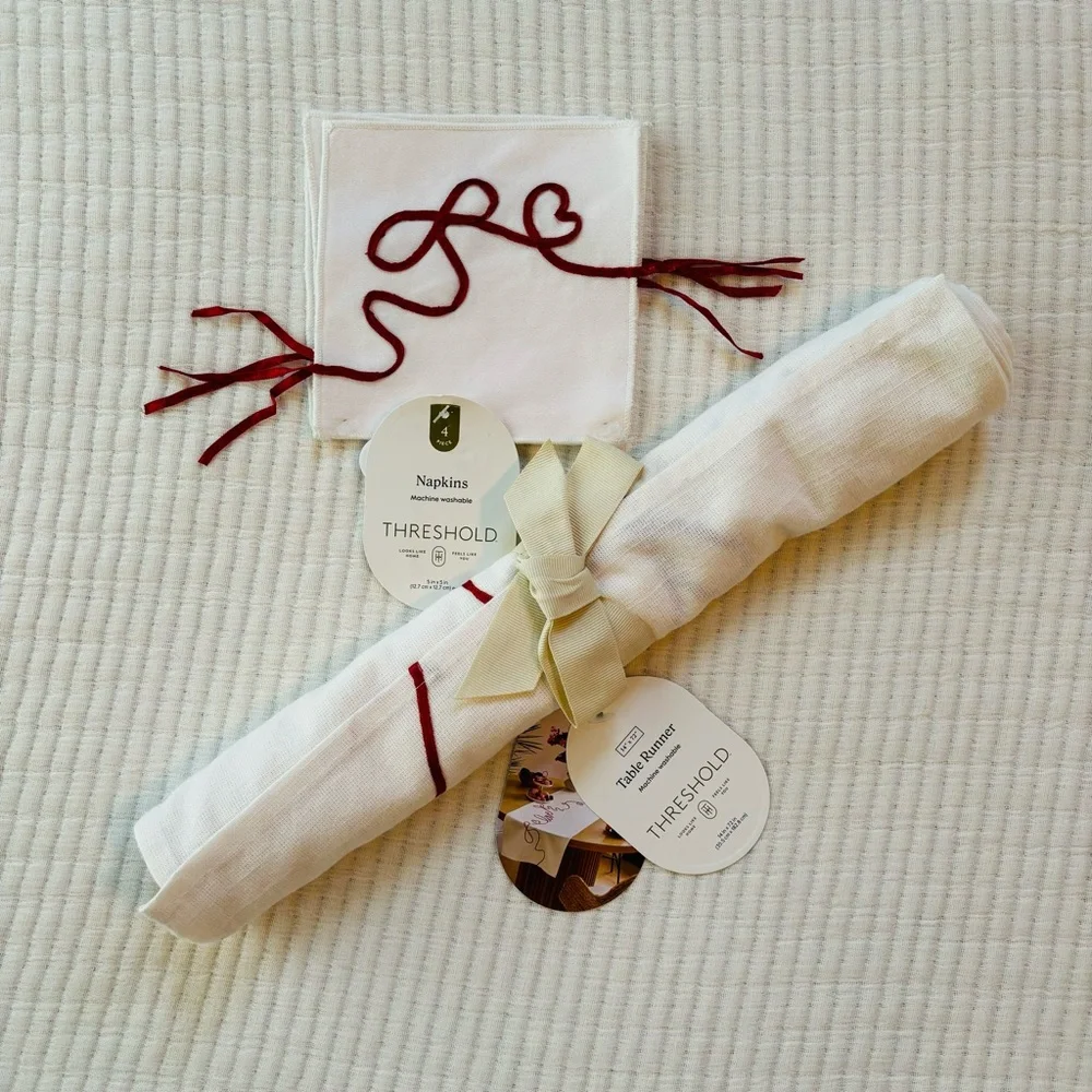 Threshold Ribbon Love Table Runner and Cocktail Napkins Set of 4 White & Red NWT